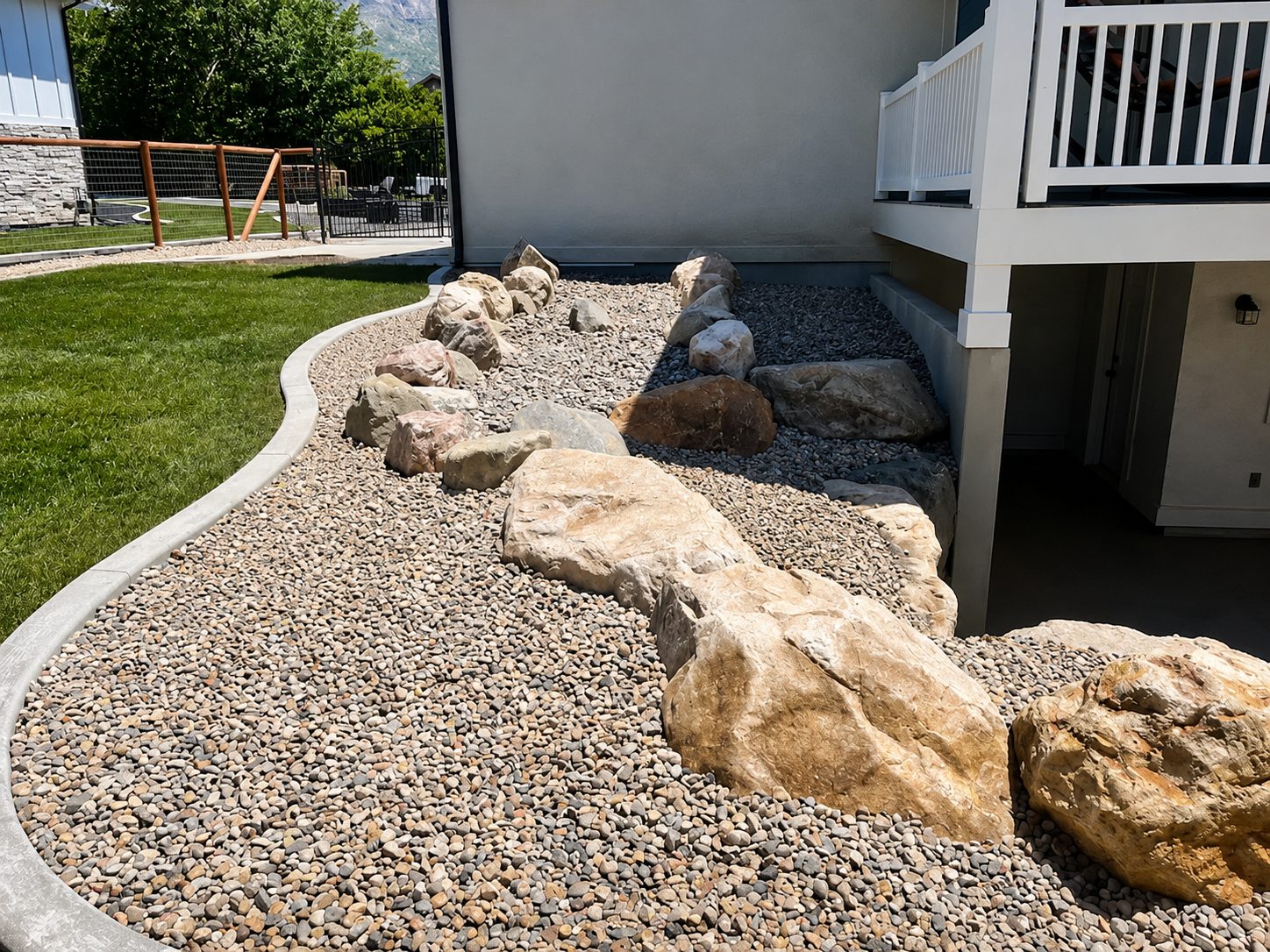 Water-wise rock landscaping with boulders and gravel beside a Northern Utah home